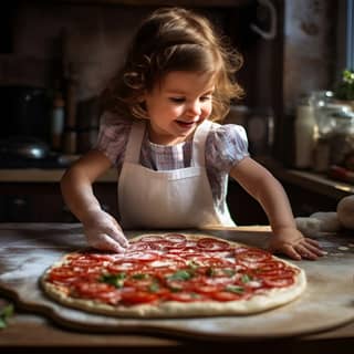 小さな女の子がキッチンで美味しいピザを作っています。