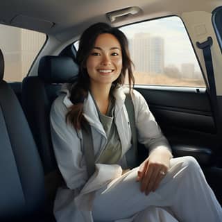 modern beautiful kazakh woman into the white toyota passenger smile hyperrealism no hand