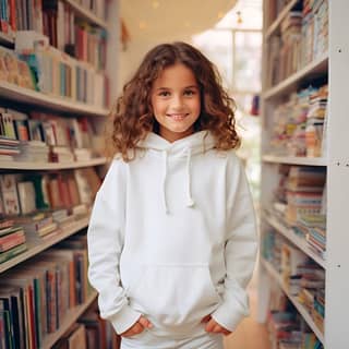 Una linda niña en una sudadera blanca está parada frente a una estantería, sonriendo y feliz.