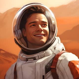 in a white spacesuit smiling and looking funny and relaxed on mars light as on mars