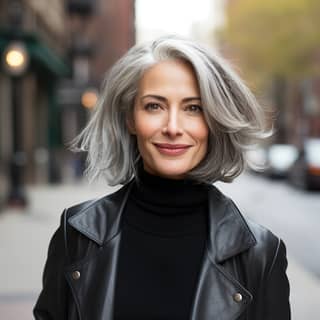 woman over 40 with grey hair straight shoulder length in new york