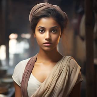 15 years old ruffled hair fair skin hardworking and sweaty Dharavi girl in a bakery Fair Dressed like a Roman peasant muted