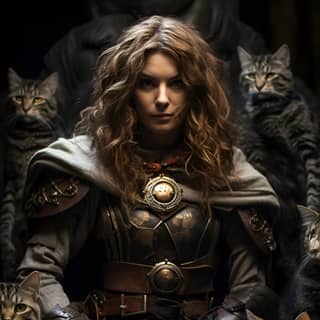 Characters: Freyja her loyal cats dwarves Description: Freyja as a warrior goddess with her cats Era: Era of Norse mythology