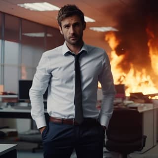 Disappointed driver stands dejected in burning office hyper realistic, in a white shirt and tie standing in front of a