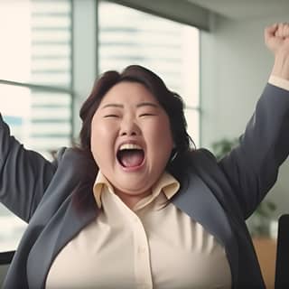 Une femme asiatique en surpoids dans un cadre de bureau sourit et lève la main, affichant une expression joyeuse.