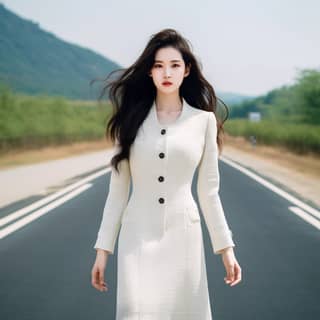 https://s mj run/9BYi-QIyLLQ standing in the middle of the empty road 168 height elegant long hair graceful figure like