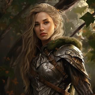 lord of the rings colour caucasian female mid 30s blonde hair proud rogue leather armour with leafs motifs wears cloak on