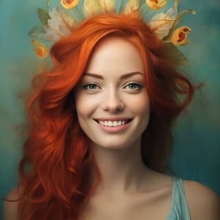 red hair smiling woman wearing a crown with carrots in the style of photo-realistic hyperbole turquoise and amber