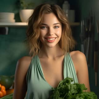 smiling holding green vegetable in kitchen in the style of zeiss batis 18mm f/2 8 light aquamarine and orange ingrid baars