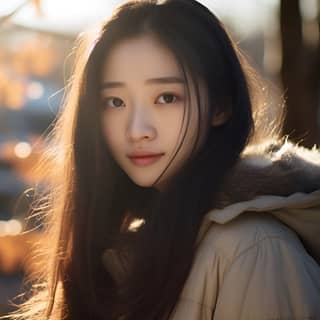 20-year-old Chinese girl front close-up sunlight trees backlight, with long hair in the sun