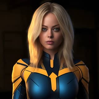 Il personaggio del film degli Avengers indossa una tuta blu e gialla. Margot Robbie interpreta una supereroina forte e bellissima in un costume aderente in spandex blu e giallo.