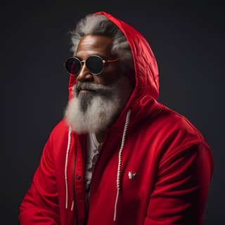 Papá Noel con barba y gafas de sol en un suéter rojo y jeans, con un estilo urbano con detalles ocultos y una influencia afrocaribeña. La imagen está capturada con cinematografía en luz baja y detalle ultra realista utilizando un lente de 16mm en un Sony a7iv.