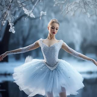 a ballat dancer wearing swanlake outfit full-body graceful ballet dancing beautiful wintery scene blue and white ballet