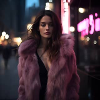 brunette long hair woman in a pink fur coat walking night new york city street deep dark colors