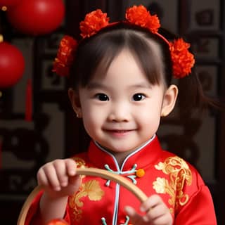 Uma linda menina chinesa de 5 anos usando um traje Tang vermelho com um sorriso doce e olhos grandes e brilhantes, segurando uma flor vermelha na mão.