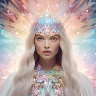 face of queen with long white straight hair looking happy in a room full of crystals in white and pastel colours