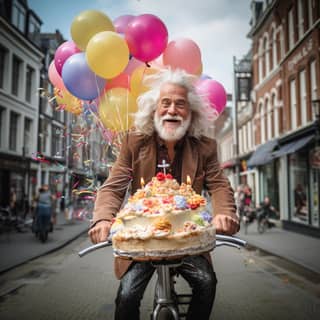 with gray hair in amsterdam rides a bicycle and holds a birthday cake