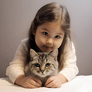 Amerikanische Kurzhaarkatze mit dem Kopf auf der Hand des kleinen Mädchens, das kleine Mädchen trägt einen Rock.