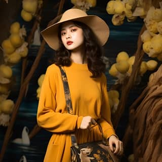 https://s mj run/xT--M2fDNqc wearing a yellow sweater and hat with a brown purse and bag in the style of gongbi dreamlike