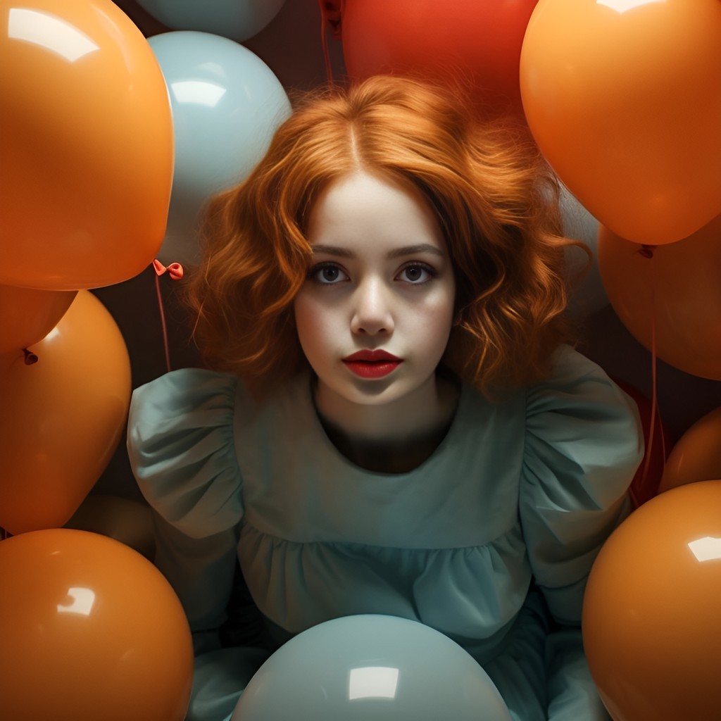 Conceptual Photography, a red haired woman surrounded by colorful balloons