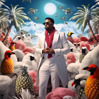 Hawaiian background with an Black guy In a white coat and Ice powers Pineapples and penguins