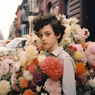 Joel meyerowitz photography kid memphis style looking the street full of flowers Brooklyn black and white