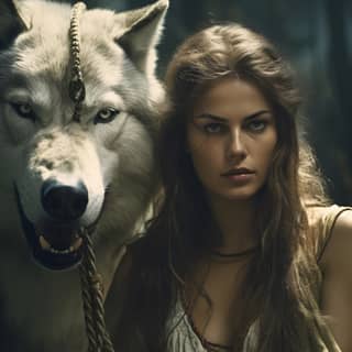 Viking woman ringing a big wolf real looking picture, woman with a wolf in the background