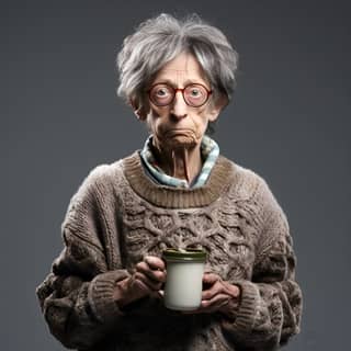 an actual real-life jewish grandmother a very skinny face bony saggy skin European short brown wig winter sweater looks