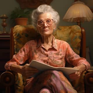 grandma --q 0 5, an elderly woman with glasses sitting in a chair