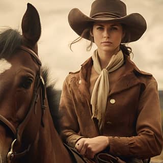 in her 20s or 30s brown short hair rides a horse in the style of America 1850 wild west farm afternoon Calotype