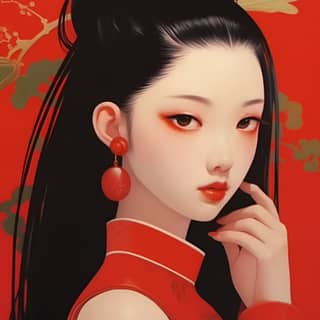 Rouge avec des cheveux noirs, la beauté chinoise de M. Ogawa dans le style d'illustrations néo-pop nettes et d'œuvres figuratives émotives.