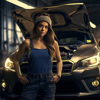 a pretty girl mechanic in front of a tuner Subaru Impreza WRX