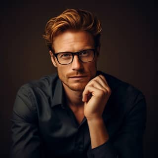 a 35-year-old European male named Alexander He has light-auburn hair and is quite tall Alexander wears glasses which give