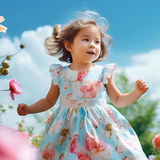 Une petite fille heureuse court à travers un champ de fleurs par une belle journée ensoleillée.