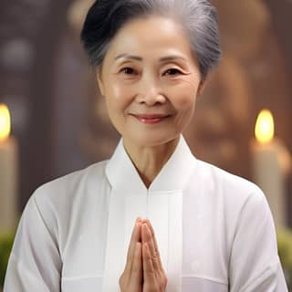 Una anciana mujer china con una sonrisa vistiendo una bata blanca está de pie con las manos juntas en oración en una sala de estar retro.