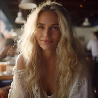 Decor of an inside CAFE A very beautiful 25-year-old blond Mediterranean French woman biting her lip by desire The focus is