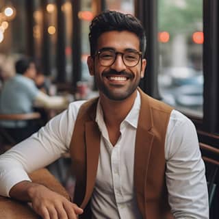 Make a dating profile picture - A compassionate well-dressed Indian American man in his early 30s sitting at a cozy cafe on