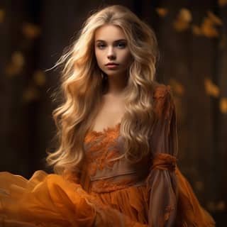 Realism photography blonde young fairy brown eyes long hair orange dress brown eyes 2