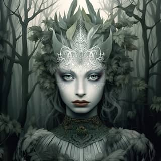 dessin fantasy Une femme avec la peau grise faites de pierre chassant dans une forêt