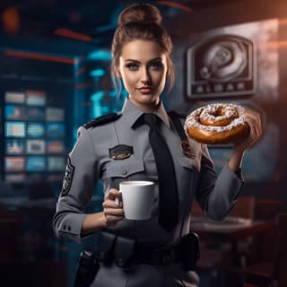 A formal woman holding the title of Chief of Police wearing police suite holding in one hand very juicy Donut and on the