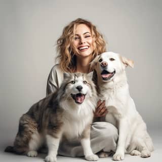 happy woman with cat and dog, with two dogs