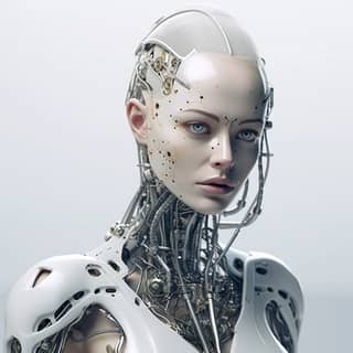 Seorang wanita berusia 40-an dengan implan cyborg dan pakaian robotik futuristik menatap kamera di latar belakang putih polos, dalam gaya estetika mesin industri cyberpunk futuristik.