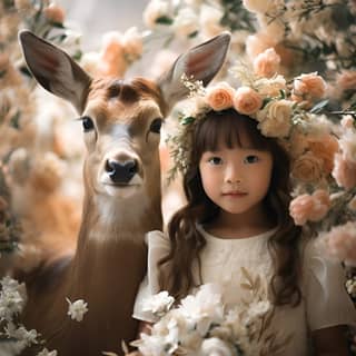 https://s mj run/oWmejrrGYOs a chinese 3 year old young girl poses by a deer in front of flowers in the style of object