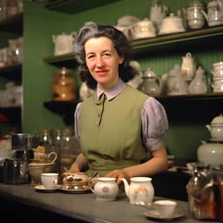 Una donna sorridente e snella, di circa 55 anni con capelli grigi ricci e scuri, è in piedi dietro un bancone con parti di stoviglie su mensole. C'è anche una caffettiera d'epoca e una teiera sul bancone. Canon 5D Mark IV obiettivo da 24 mm f/23 iw 5.