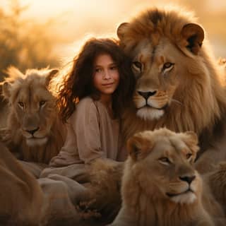 magical atmosphere golden hour perfect light, girl is surrounded by lions