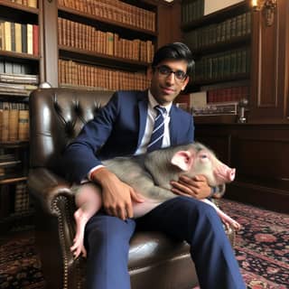 rishi sunak with a pig on his lap, in a suit and tie holding a pig