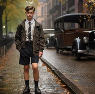 14 year old dieselpunk schoolboy wears shorts walks along the autumn street to school