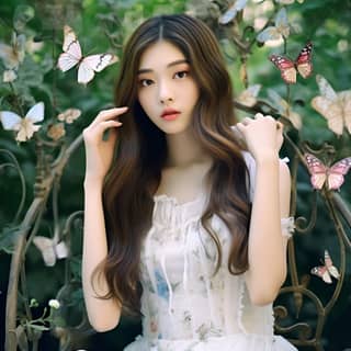 A 22-year-old Asian in a white floral dress sits in a garden surrounded by butterflies Waist Shot(WS) in the style of uhd