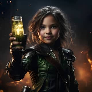 a 7-year-old superhero female Gamora with brown hair She holds a space pistol in one hand and a champagne glass in the other