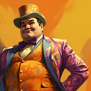 An illustration of a character themed around arrogance: a chubby-cheeked showman wearing a flashy suit